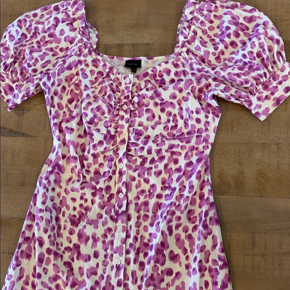Who What Wear Violet Animal Print Spring Summer Puff Sleeve Dress Linen Medium - Picture 3 of 9